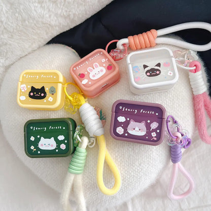 Starry Forest Cute Cat Rabbit Case for AirPods 1st/2nd/3rd/4th/pro/pro2 Generation, kawaii purple pink yellow cases with keychain lanyard