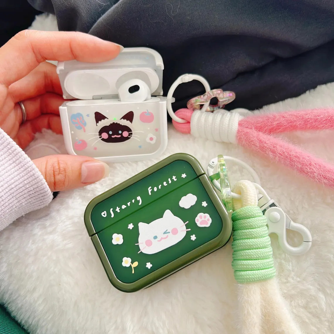 Starry Forest Cute Cat Rabbit Case for AirPods 1st/2nd/3rd/4th/pro/pro2 Generation, kawaii purple pink yellow cases with keychain lanyard