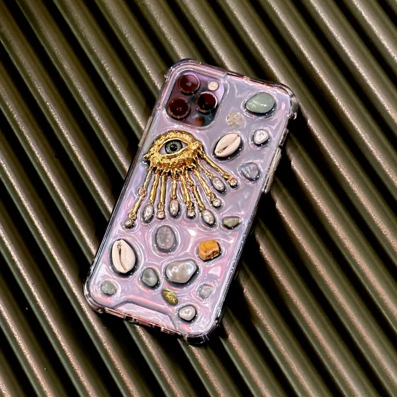 Resin designer Iphone case, aesthetic Iphone case for iPhone 16 15 14 13 12 11 pro max plus mini case, Golden eye with shells and stones