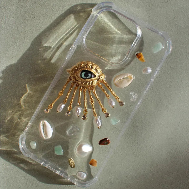 Resin designer Iphone case, aesthetic Iphone case for iPhone 16 15 14 13 12 11 pro max plus mini case, Golden eye with shells and stones