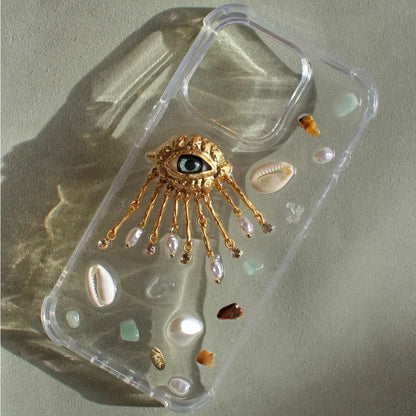 Resin designer Iphone case, aesthetic Iphone case for iPhone 16 15 14 13 12 11 pro max plus mini case, Golden eye with shells and stones
