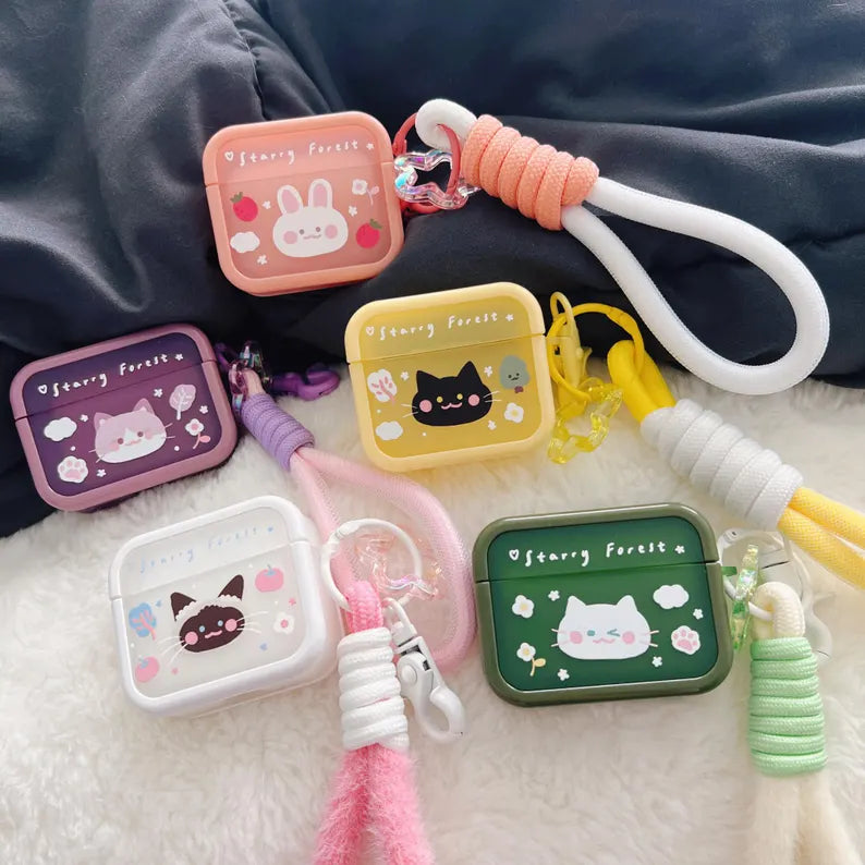 Starry Forest Cute Cat Rabbit Case for AirPods 1st/2nd/3rd/4th/pro/pro2 Generation, kawaii purple pink yellow cases with keychain lanyard